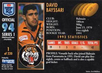 1994 Dynamic Rugby League Series 1 #1 David Bayssari Back
